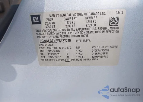 2015 Chevrolet Equinox 1Lt из США, поврежденный, VIN 2GNALBEK8F6137275